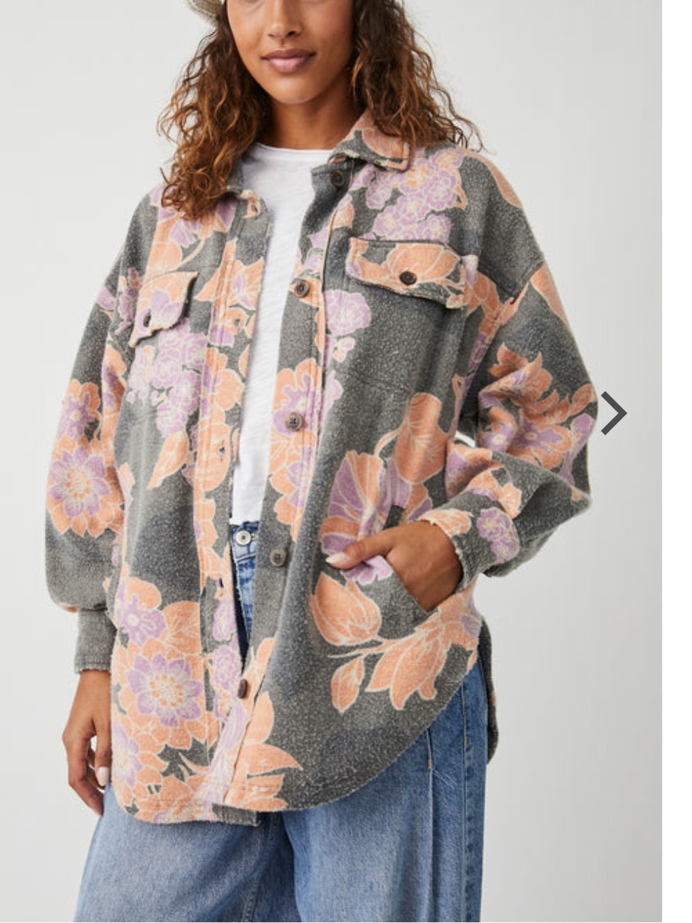 Free People Floral Button-Front Jean Jacket in Gray and Blush